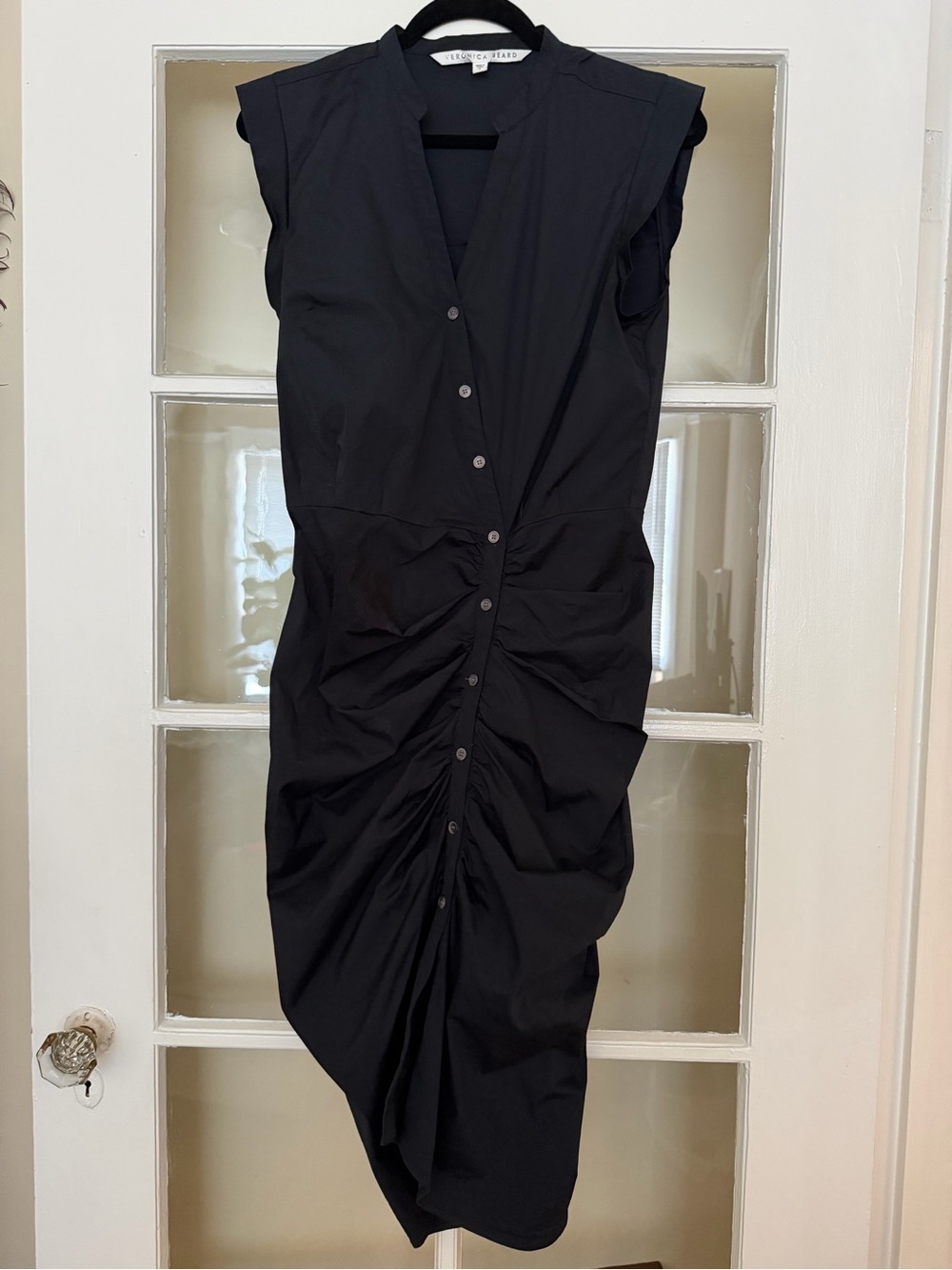 Veronica Beard Black Asymmetrical Ruched Button-Front Dress